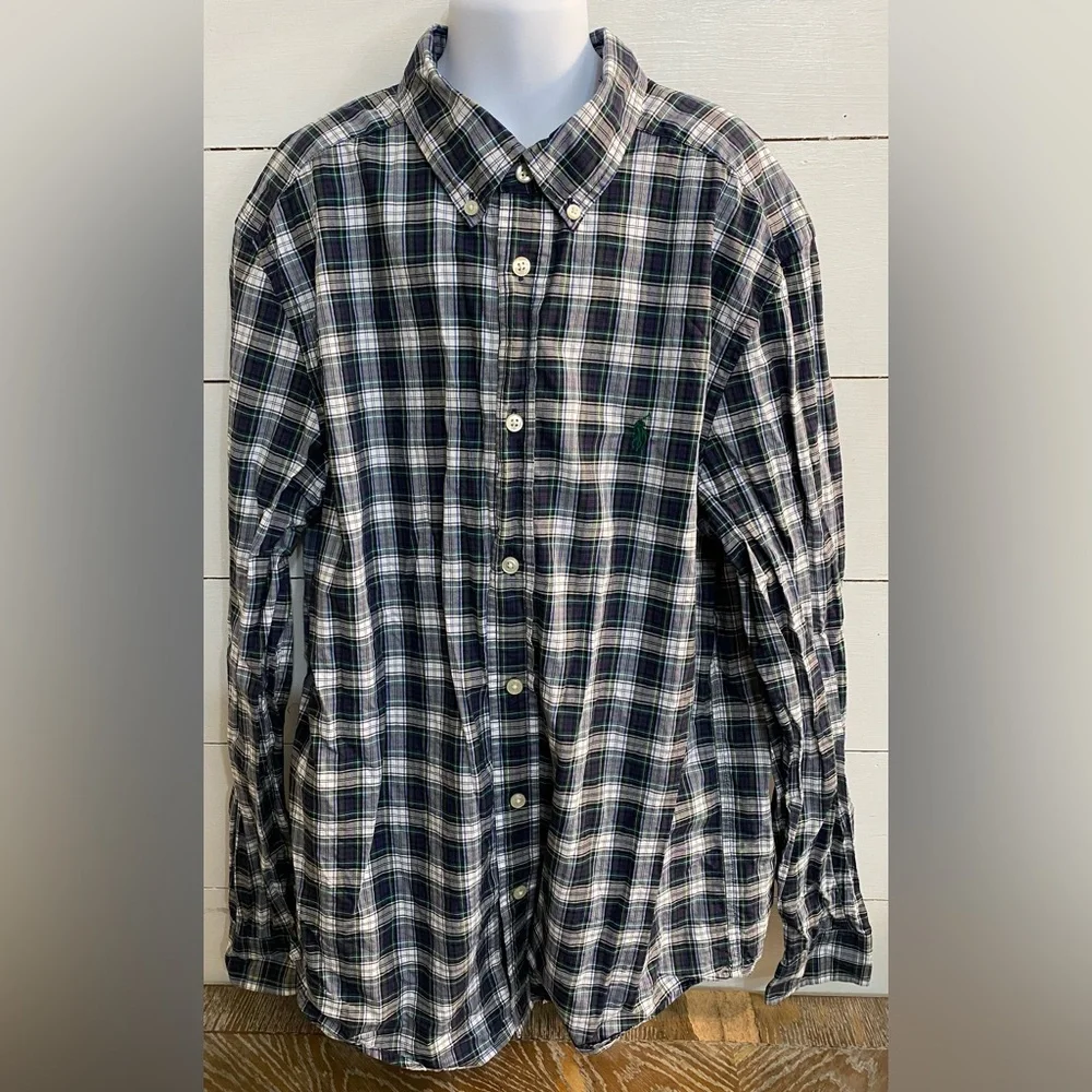 Ralph Lauren Boys’ Sz XL (18-20) Navy/Green‎ Plaid Cotton Oxford Shirt